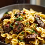 Garlic Butter Beef and Bowtie Pasta Skillet First Image