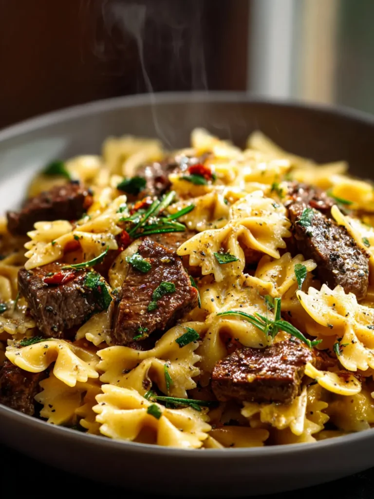 Garlic Butter Beef and Bowtie Pasta Skillet First Image