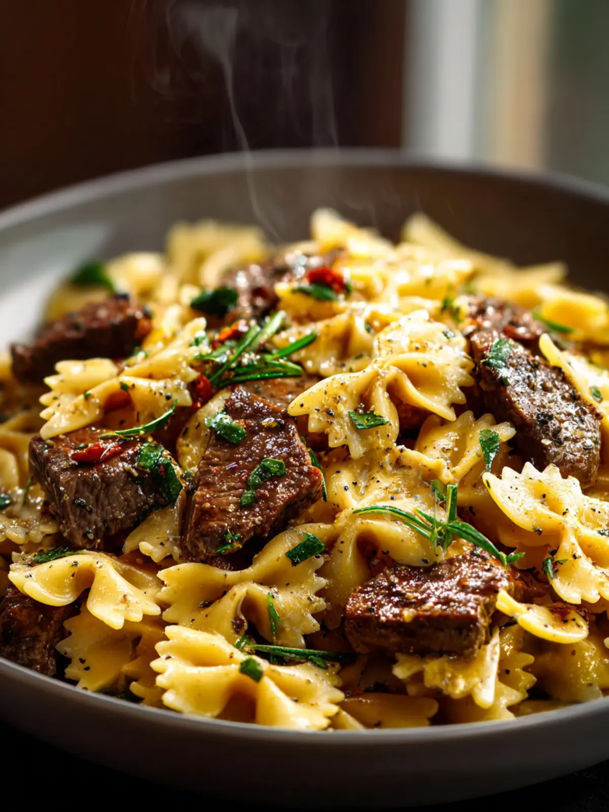 Garlic Butter Beef and Bowtie Pasta Skillet First Image